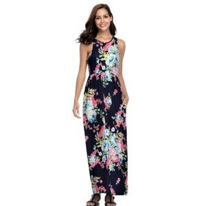 Lilly Posh Boutique Navy Floral Maxi Dress 3XL Racer Back Pockets Boho Beachy